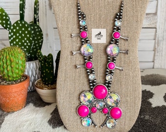 Extra Large Pink Squash Blossom Navajo Pearl Necklace, Rhinestone Naja Necklace, Southwestern Jewelry, Western Jewelry