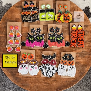 Halloween Earrings, Pumpkin Earrings, Trick or Treat, Seed Bead Halloween Earrings, Black Cat Ghost Bat Earrings, Candy Corn Earrings