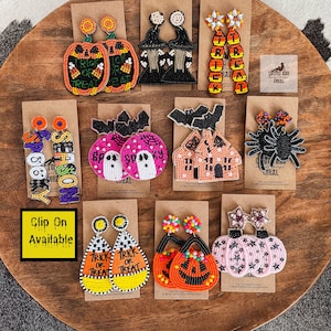 Halloween Earrings, Pumpkin Earrings, Trick or Treat, Seed Bead Halloween Earrings, Witch Spider Ghost Bat Earrings, Candy Corn Earrings