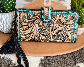 Turquoise and Black Leather Tooled Western Wallet, Black Tassel Leather Flower Wristlet, Western Wallet Women, Western Leather Accessories,
