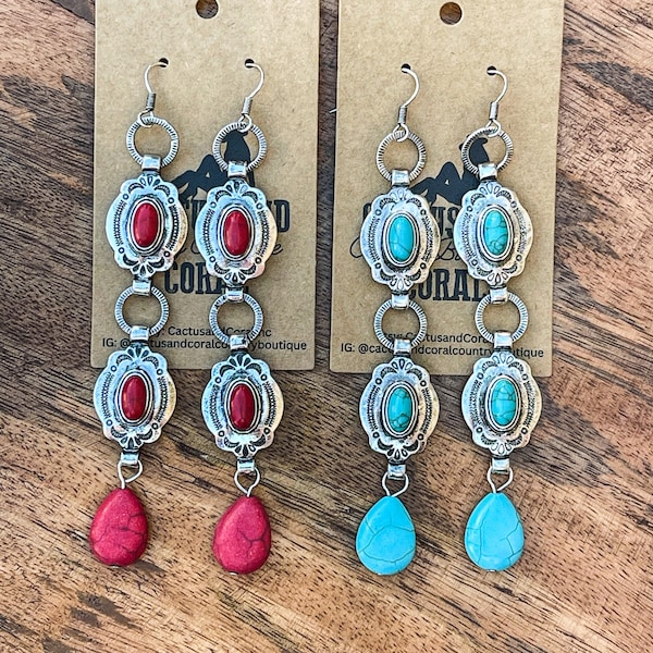 Red or Turquoise Stone Concho Belt Earrings