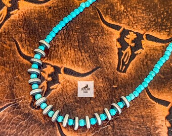 Turquoise and Silver Navajo Style Pearl Flying Saucer Rondelle Necklace, Western Jewelry, Southwestern Aztec Jewelry, Gift for Her, Cowgirl