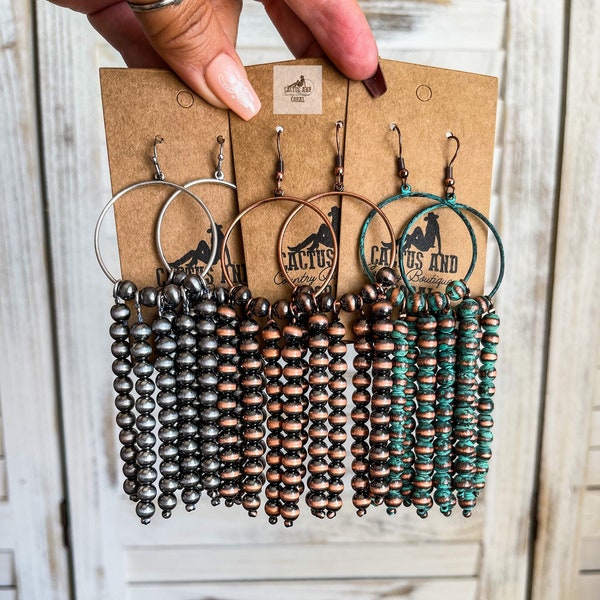 4.5" Navajo Style Pearl and Hoop Earrings, Western Jewelry, Western Earrings, Southwestern Beaded Dangle Drop Earrings, Copper Turquoise