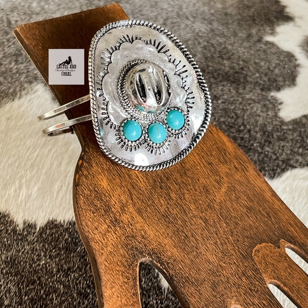 Big Western Cowboy Hat Cuff Bracelet, Turquoise and Silver Sombrero Bracelet, Southwestern Jewelry, Statement Jewelry, Silver Aztec Jewelry