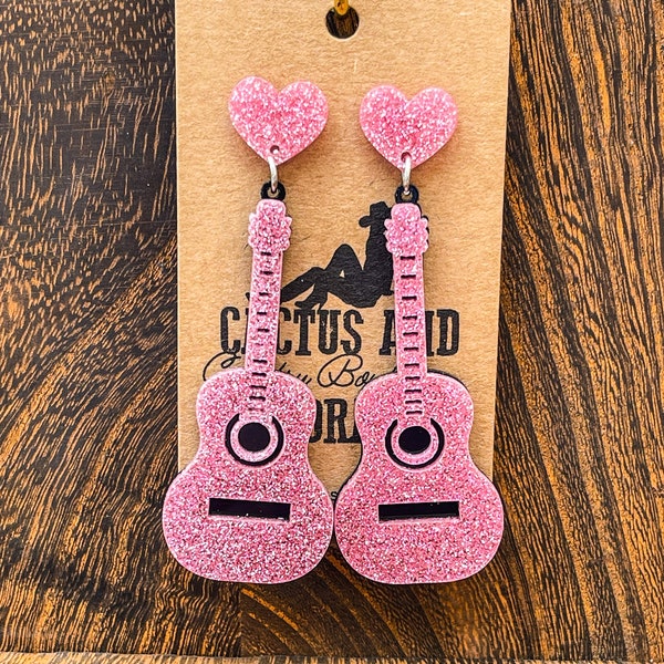 Cute Pink Heart Guitar Earrings| Music Teacher Gift| Valentines Day Gift|