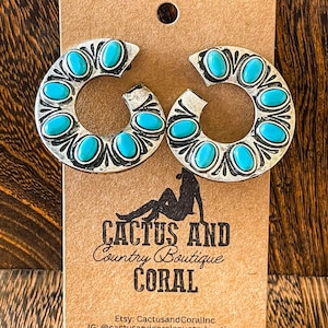 Silver and Turquoise Wavy Hoop Stud Earrings, Western Jewelry, Western Earrings, Turquoise Stone Earrings, Turquoise Jewelry, Silver Hoops
