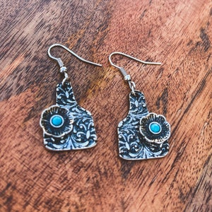 Turquoise and Silver Flower Cattle Tag Earrings