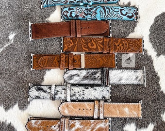 Leather Cowhide Watch Band, Tooled Leather Watch Strap, Western Watch Band, Unisex Mens Womens Watch bands, Brown Black White Turquoise Band