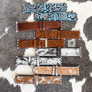 Leather Cowhide Watch Band, Tooled Leather Watch Strap, Western Watch Band, Unisex Mens Womens Watch bands, Brown Black White Turquoise Band image 1