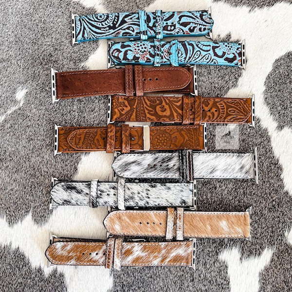 Leather Cowhide Watch Band, Tooled Leather Watch Strap, Western Watch Band, Unisex Mens Womens Watch bands, Brown Black White Turquoise Band