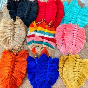 Macramé Fringe Tassel Earrings Leaf Feather Western Boho Bohemian Big Large Lightweight Handmade Statement Jewelry Solid Multicolor image 1