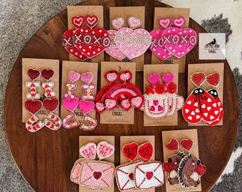 Cute Valentine Earrings, Rhinestone XOXO Seed Bead Heart, Text Me Love Note, I Love U Lovebug Lady Bug Earrings Valentines Day Gift for her