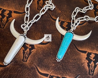 Turquoise or White Longhorn Necklace, Western Jewelry, Western Necklace, Bull Skull Steer Cow Head Necklace, Turquoise Jewelry, Cowgirl Mode