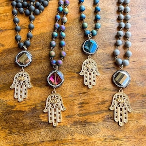Hamsa Hand of Fatima Beaded Druzy Gemstone Necklace| Evil Eye Protection| Religious Pendant Jewelry| Boho Bohemian Fashion| Gift for Her