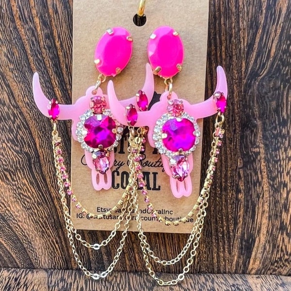 Hot Pink Longhorn Rhinestone Earrings| Edgy and Punchy Western Fashion| Southwestern Jewelry| Long Gold Chain Dangle Statement Earrings