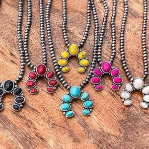 Navajo Pearl Squash Blossom Horseshoe and Natural Stone Necklace | Western Jewelry| Gift for Her| Red, White, Black, Yellow, Pink Turquoise
