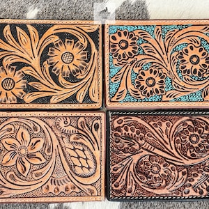 Tooled Leather Credit Card Holders, Western Wallets, Turquoise and Brown Card Holder Wallet, Floral Flower Tooled Wallet, Gift for Him & Her image 2