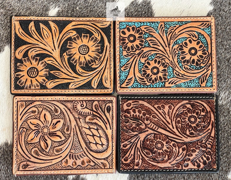 Tooled Leather Credit Card Holders, Western Wallets, Turquoise and Brown Card Holder Wallet, Floral Flower Tooled Wallet, Gift for Him & Her image 2