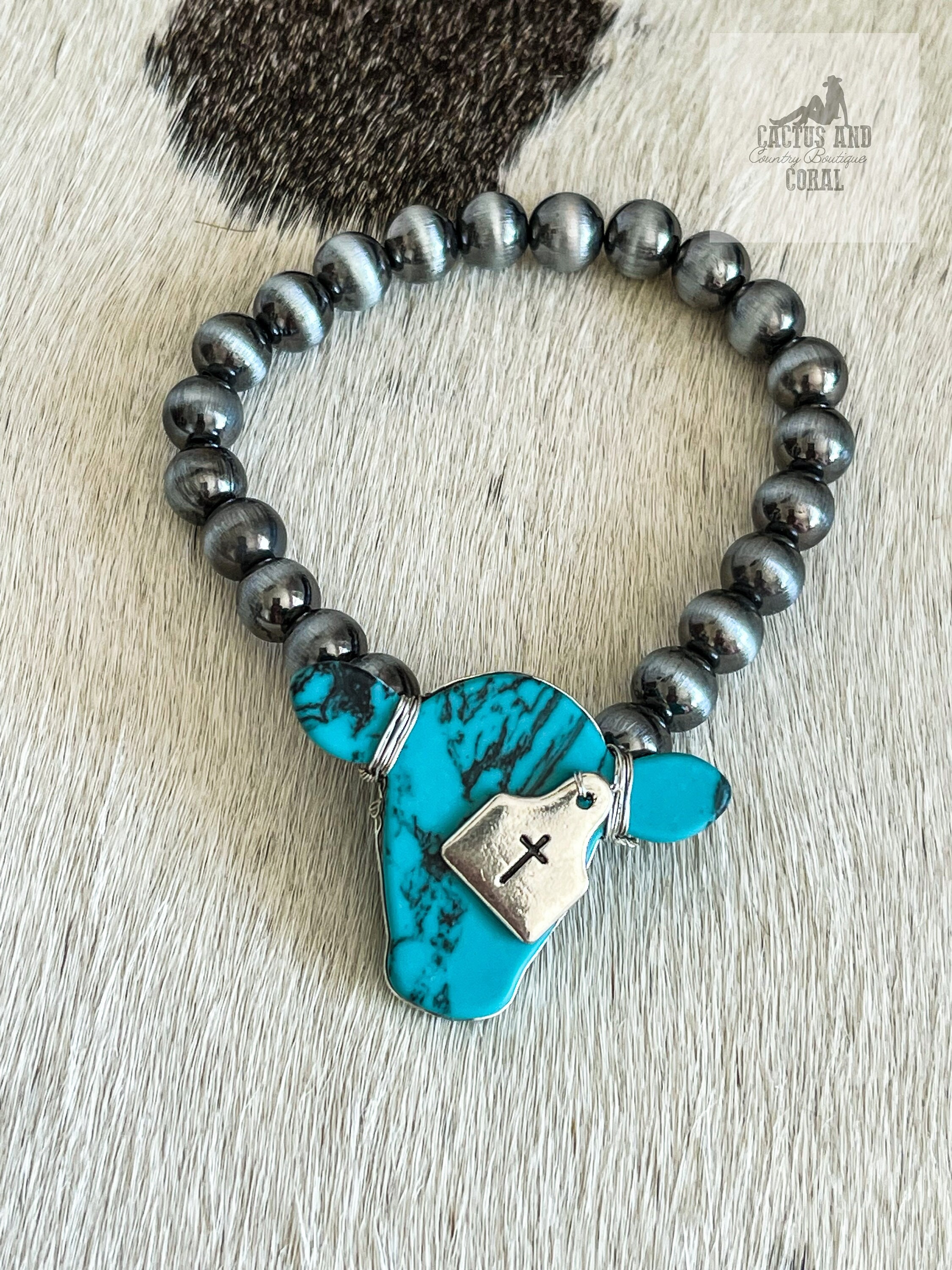 Navajo Style Pearl and Turquoise Cow Head Stone Bracelet, Western Jewelry, Western Bracelet, Southwestern Bracelet, Cattle Tag Cross Charm