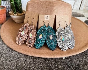 Iridescent Rhinestone Diamond Concho Earrings, Western Jewelry, Aztec Jewelry, Southwestern Jewelry, Large Dangle Drop Statement Earrings