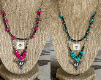 Triple Layer Longhorn Necklace, Western Jewelry, Western Necklace, Bull Skull Steer Necklace, Turquoise Pink Jewelry, Cow Head Necklace