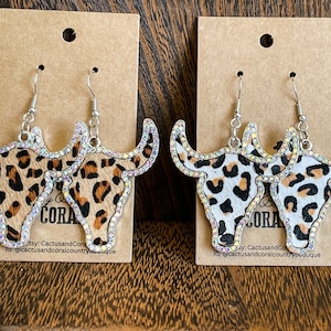 Leopard Longhorn Cowhide Rhinestone Earrings, Western Jewelry, Western Earrings, Bull Head Cow Skull Steer Earrings, Cheetah Leopard Print