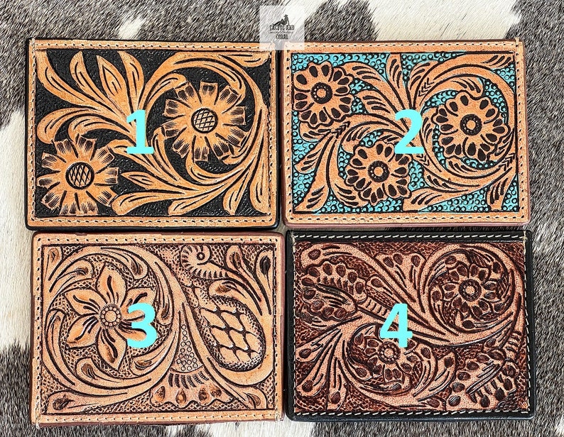 Tooled Leather Credit Card Holders, Western Wallets, Turquoise and Brown Card Holder Wallet, Floral Flower Tooled Wallet, Gift for Him & Her image 3