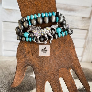 Turquoise and Navajo Pearl Stackable Bracelets, AB Rhinestone Western Stretch Bracelets, Longhorn, Cactus, Lightning Bolt, Horse or Aztec image 3