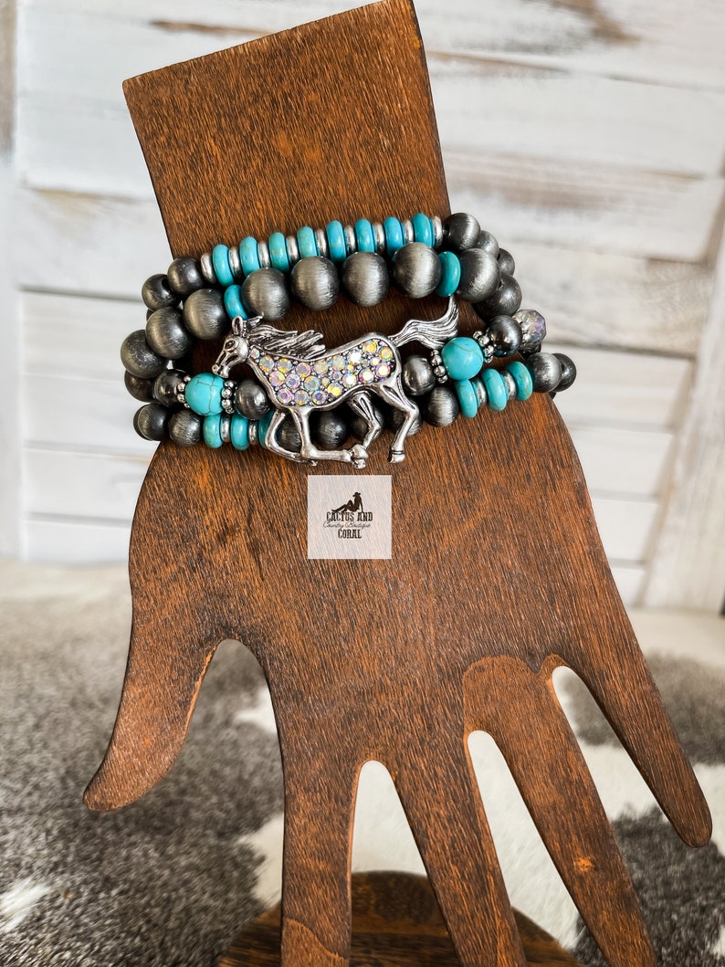 Turquoise and Navajo Pearl Stackable Bracelets, AB Rhinestone Western Stretch Bracelets, Longhorn, Cactus, Lightning Bolt, Horse or Aztec image 3