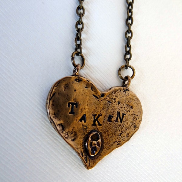 Available Taken Necklace Solid Bronze Pendant  Dual 2 Sided Relationship Necklace Facebook Status Fickle Lover Heart Necklace