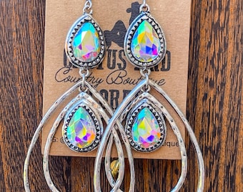 Silver Iridescent Rhinestone Teardrop Hoop Earrings