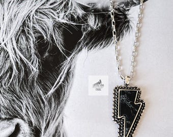 Black and Silver Lightning Bolt Necklace, Thunder Strike Pendant, Western Southwestern Jewelry, Punchy Edgy Jewelry, Black Stone Necklace