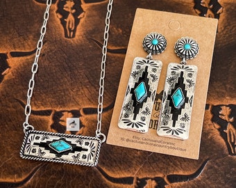 Turquoise and Silver Aztec Bar Necklace or Earrings, Western Jewelry, Southwestern Jewelry, Punchy Cowgirl Mode, Aztec Jewelry, Jewelry Set