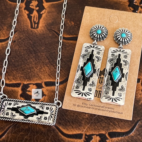 Collier ou boucles d'oreilles barre aztèque turquoise et argent, Bijoux occidentaux, Bijoux du sud-ouest des États-Unis, Mode cow-girl percutante, Bijoux aztèques, Parure de bijoux