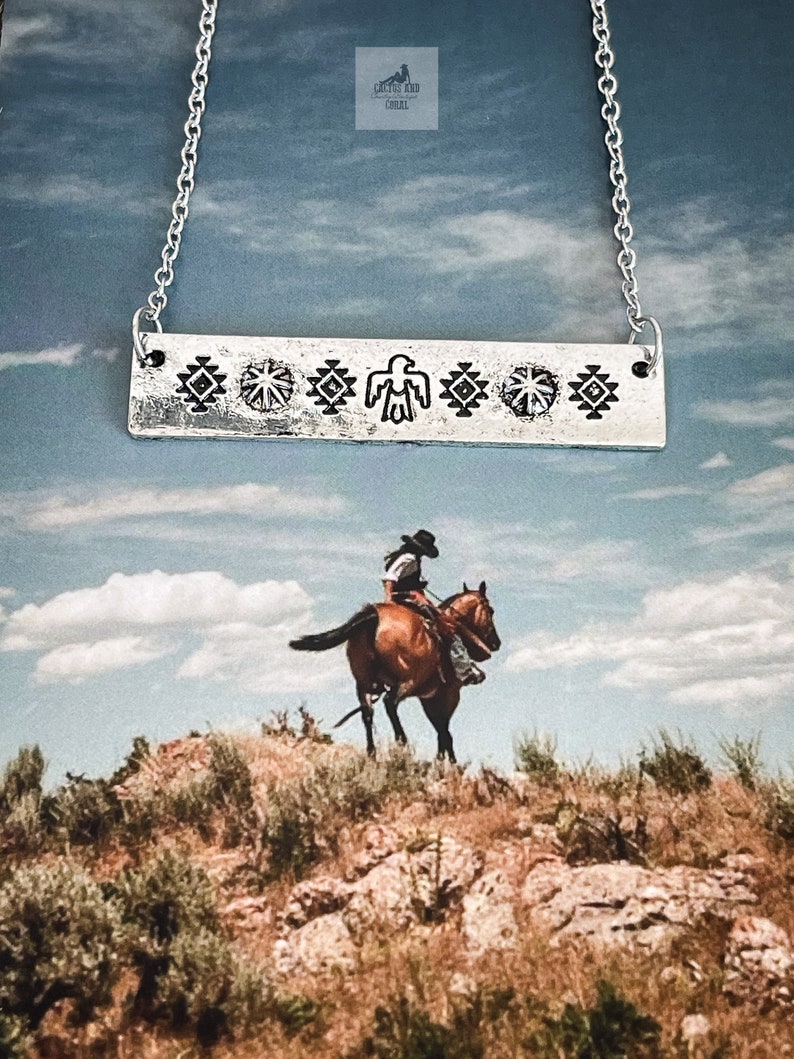 Aztec Thunderbird Silver Bar Necklace, Western Jewelry, Southwestern Native American Jewelry, Gift for Her, Punchy Rodeo Fashion, Cowgirl image 5