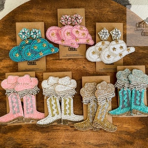 Cowgirl Hat and Cowgirl Boot Rhinestone Fringe Earrings, Western Jewelry, Cowboy Hat Boot Star Earrings, NFR Rodeo Fashion, Punchy Cute Fun