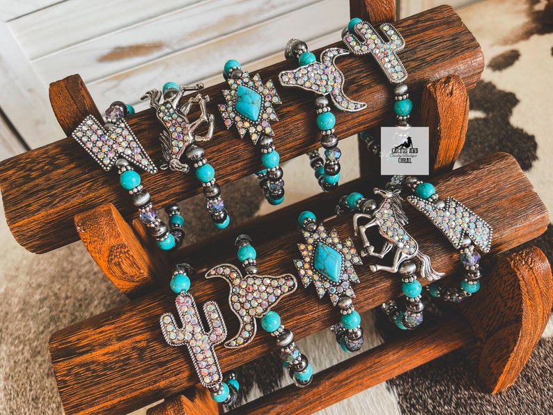 Turquoise and Navajo Pearl Stackable Bracelets, AB Rhinestone Western Stretch Bracelets, Longhorn, Cactus, Lightning Bolt, Horse or Aztec image 1