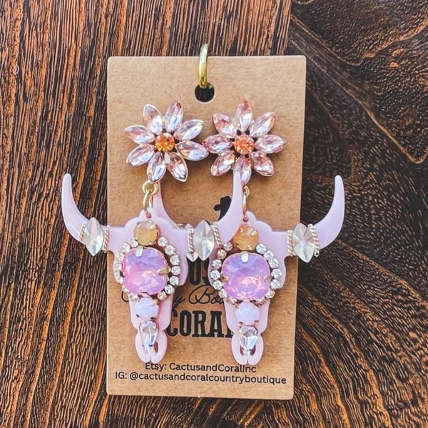 Light Pastel Pink Longhorn Rhinestone Earrings| Edgy and Punchy Western Fashion| Southwestern Jewelry| Sunflower Dangle Statement Earrings