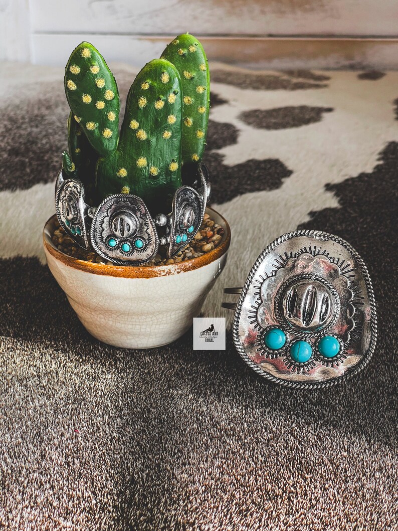 Big Western Cowboy Hat Cuff Bracelet, Turquoise and Silver Sombrero Bracelet, Southwestern Jewelry, Statement Jewelry, Silver Aztec Jewelry image 6