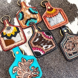Western Leather Cowhide Keychain, Tooled Leather Key Fob, Western Purse Charm, Sunflower Floral Purse Charm, Gift for Girlfriend Sister Mom