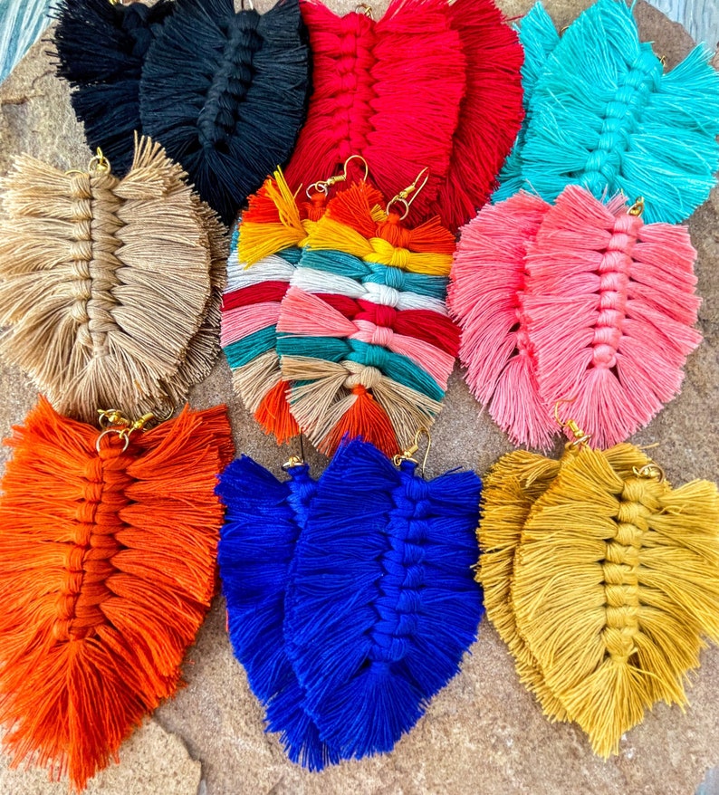 Macramé Fringe Tassel Earrings Leaf Feather Western Boho Bohemian Big Large Lightweight Handmade Statement Jewelry Solid Multicolor image 1