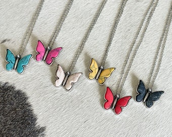 Small Butterfly Concho and Natural Stone Necklace, Western Jewelry, Gift for Her, Red White Black Yellow Pink Turquoise Silver Butterfly