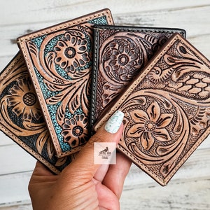 Tooled Leather Credit Card Holders, Western Wallets, Turquoise and Brown Card Holder Wallet, Floral Flower Tooled Wallet, Gift for Him & Her image 7