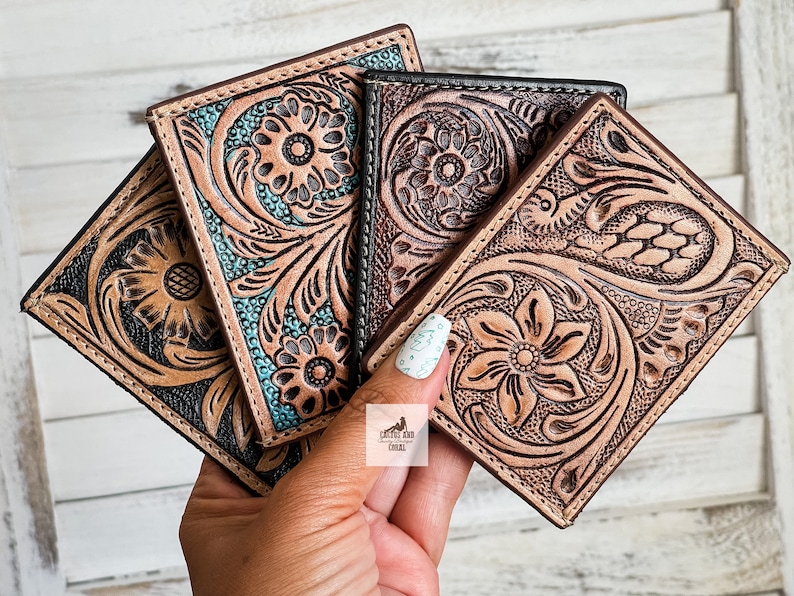 Tooled Leather Credit Card Holders, Western Wallets, Turquoise and Brown Card Holder Wallet, Floral Flower Tooled Wallet, Gift for Him & Her image 7