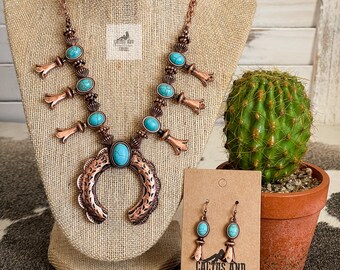 Turquoise and Copper Squash Blossom Necklace and Earring Set, Western and Navajo Inspired Jewelry, Western Necklace and Earrings, Southwest