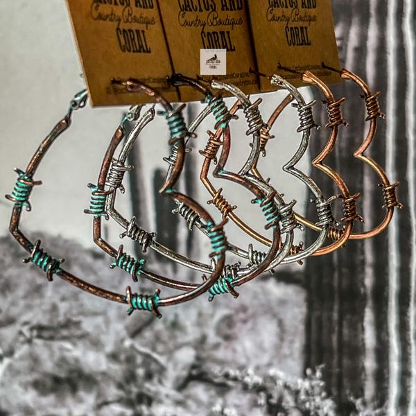 5 cm Stacheldraht Herz Creolen, Western Schmuck, Western Ohrringe, Silber Kupfer oder Türkis Patina, Western Ohrringe
