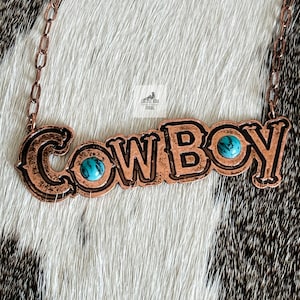 Kupfer und Türkis Cowboy Bar Halskette, Western-Schmuck, Western-Halskette, Knalliges Rodeo-Mode-Outfit, Wilder Westen, Die Welt braucht Cowboys
