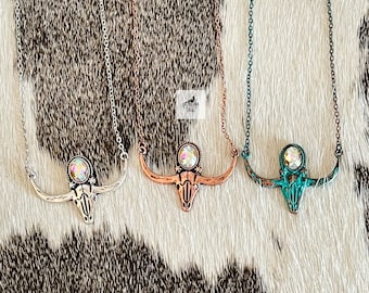 American Longhorn Opalescent Concho Necklace, Western Jewelry, Turquoise and Silver Cow Skull Necklace, Bull Horn Steer Necklace,