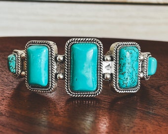 Turquoise and Burnished Silver C Cuff Bracelet, Western Stackable Bangle, 5 Stone Rectangle Cuff, Western jewelry, Southwestern Jewelry