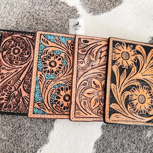 Tooled Leather Credit Card Holders, Western Wallets, Turquoise and Brown Card Holder Wallet, Floral Flower Tooled Wallet, Gift for Him & Her image 6